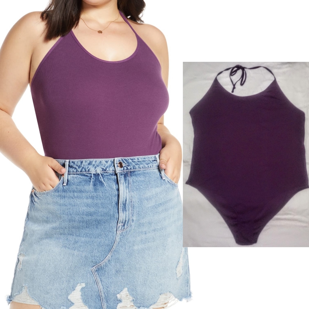 BP Purple Tie-neck Ribbed Halter Bodysuit, NWOT
